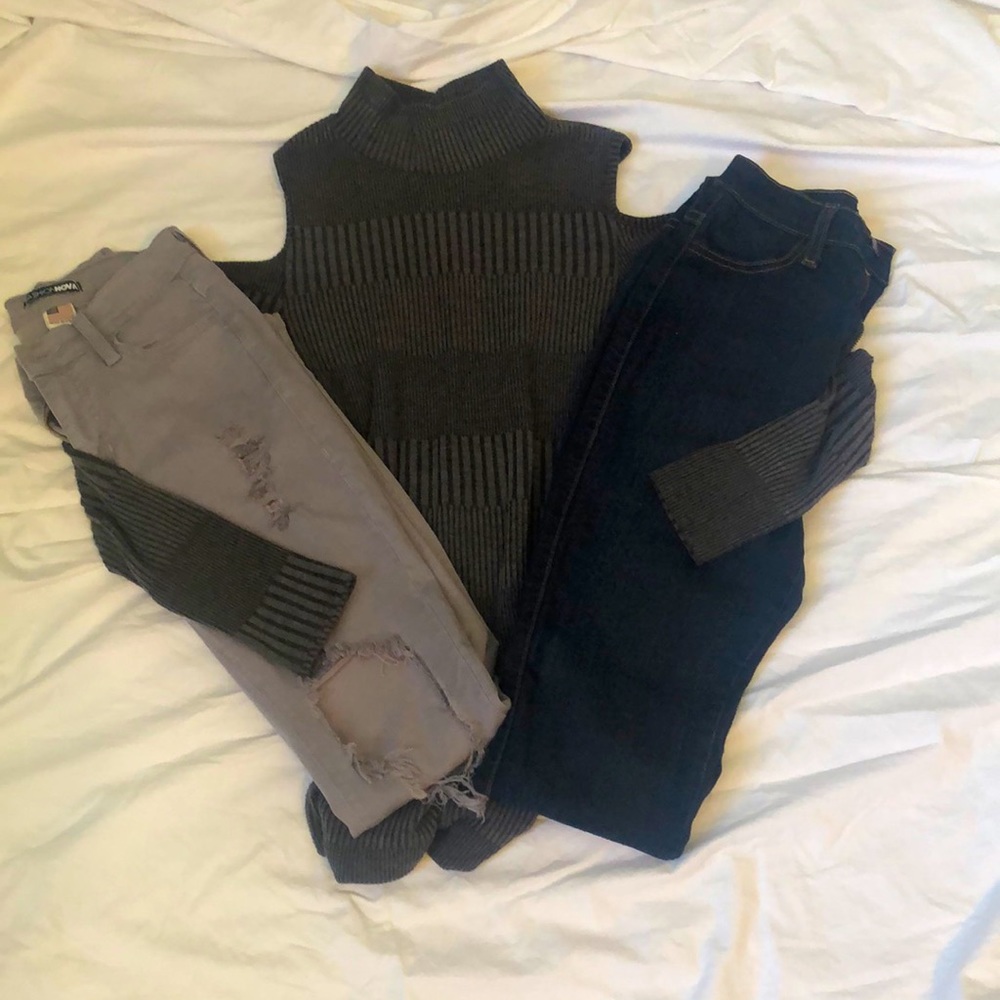 Grey sweater/dress, blue jeans, grey ripped jeans